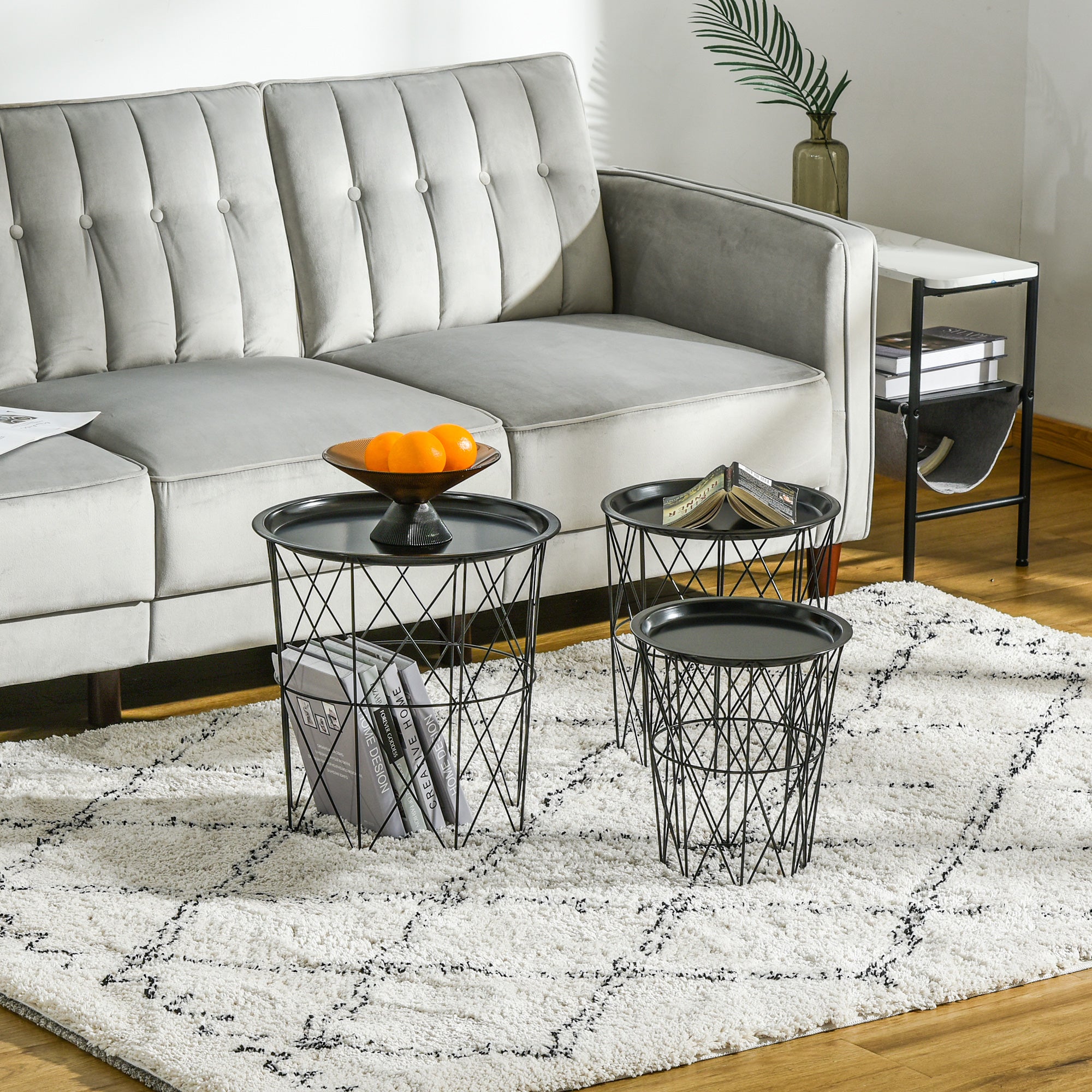 Set of 3 Nesting Coffee Tables with Storage, Round End Table with Removable Tray, Basket Side Tables with Metal Frame for Living Room, Black Side Tables   at Gallery Canada