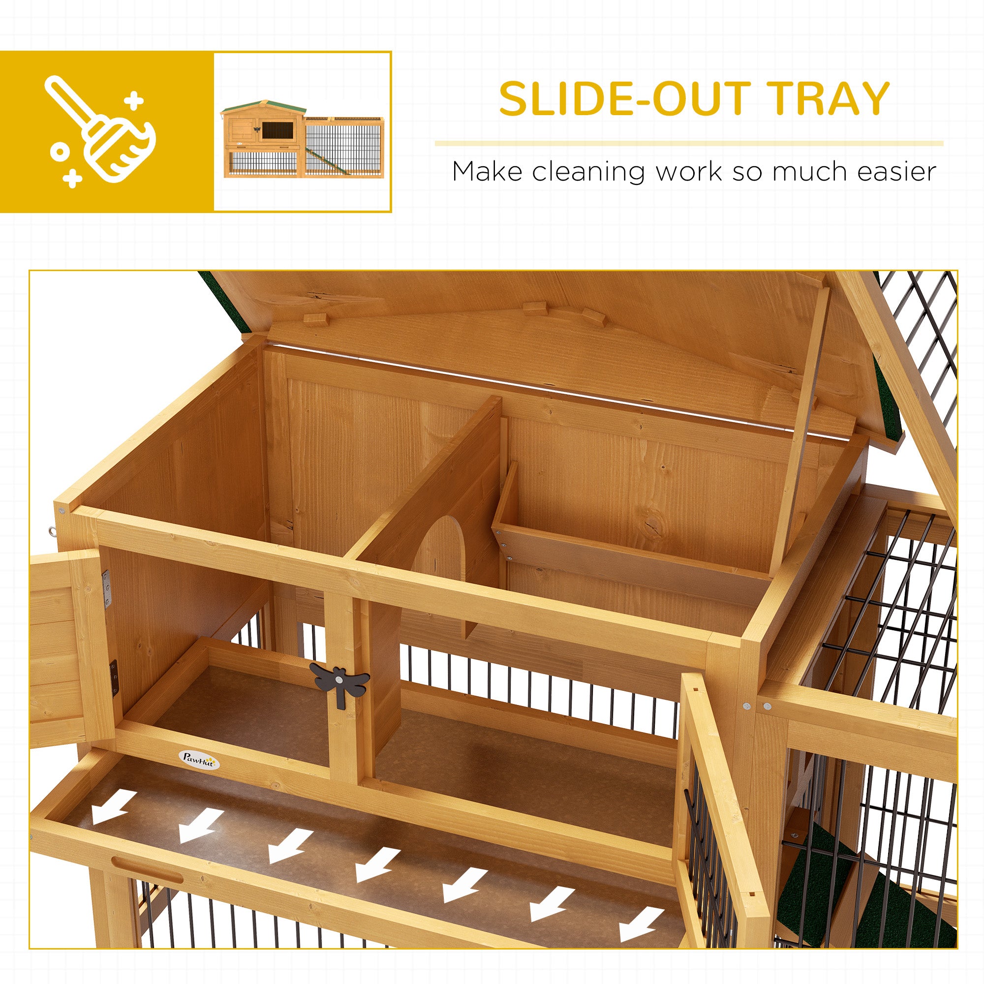 Wood Rabbit Hutch w/ Ramp, Openable Roof, Pull-out Tray, Yellow Rabbit Hutch at Gallery Canada