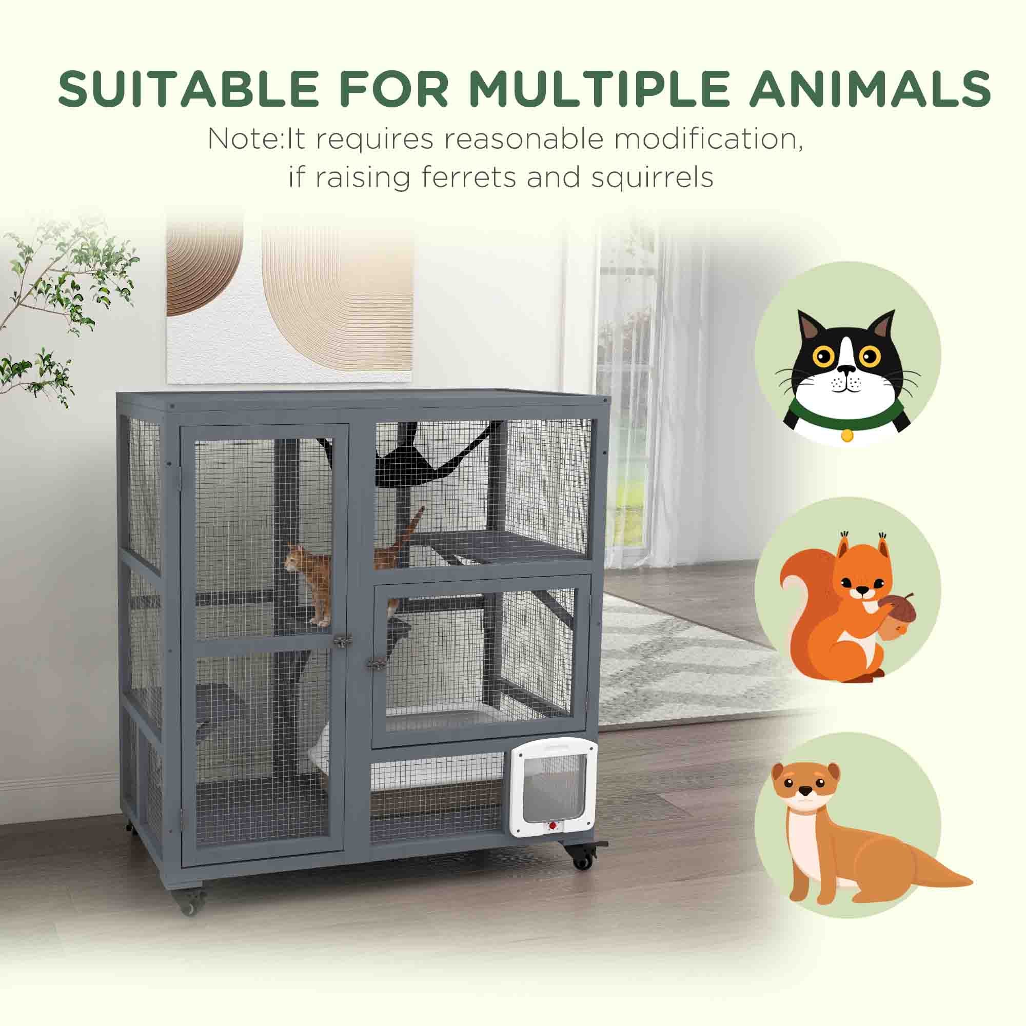 Cat Condo Wooden Indoor Cat House on Wheels with Cat Flap Door Platforms Hammock Openable Top for 2 Cats, Light Grey Outdoor Cat Enclosures at Gallery Canada