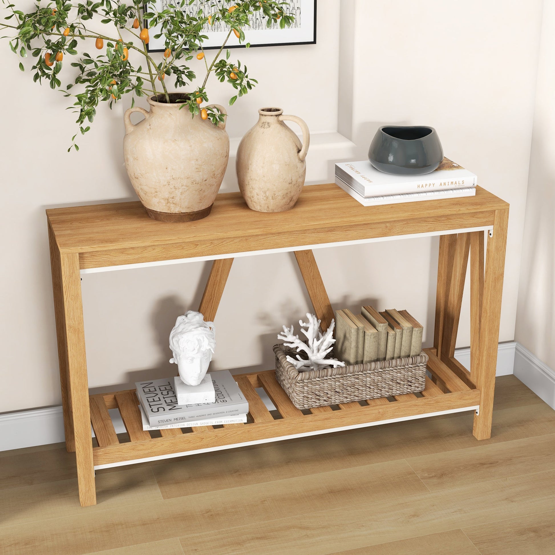 Console Table, Farmhouse Entryway Table with Storage Shelf, Rustic Sofa Table with Anti-tipper for Living Room and Entryway, Brown Console Tables   at Gallery Canada