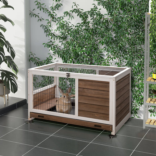 Wooden Indoor Rabbit Hutch Elevated Bunny Cage Habitat with Enclosed Run with Wheels, Ideal for Rabbits and Guinea Pigs, Brown