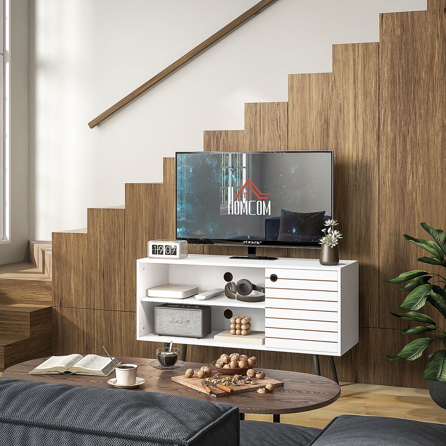 TV Stand Cabinet for 50-Inch, TV Table with Charging Station, Television Stand with Open Shelves, Door and Cable Holes TV Stands   at Gallery Canada