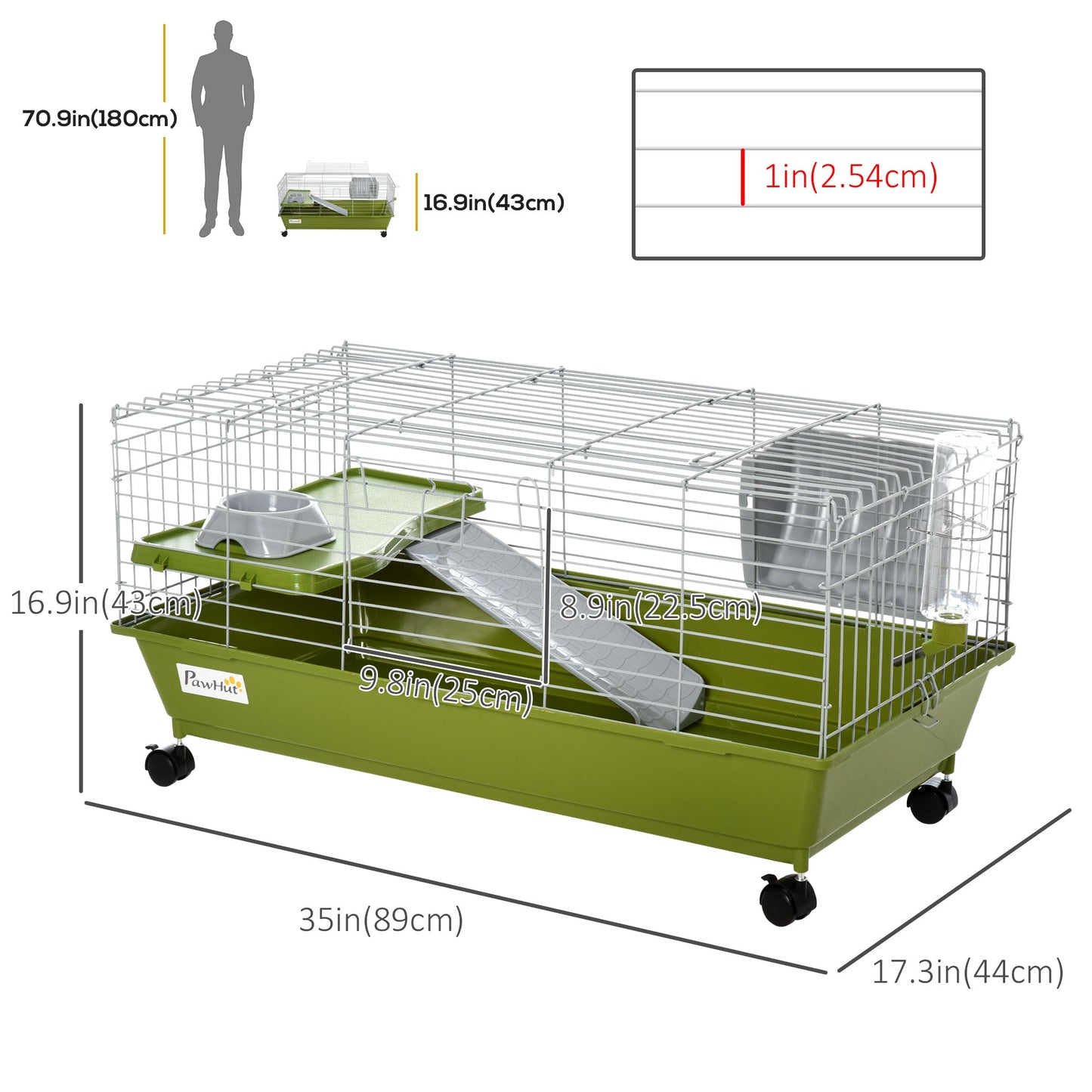 Small Animal Cage, Rolling Bunny Cage, Guinea Pig Cage with Food Dish, Water Bottle, Hay Feeder, Platform, Ramp, Green - Gallery Canada