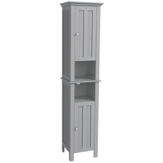 Bathroom Cabinet, Freestanding Linen Cabinet with Open Shelves and Cupboards, 13.8" x 11.8" x 62.4", Grey - Gallery Canada