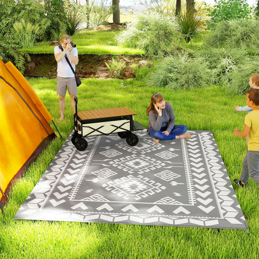 9' x 12' Outdoor RV Rug, Reversible Patio Floor Mat with Carry Bag, Rhombus Patchwork, Grey and White Garden Decor at Gallery Canada