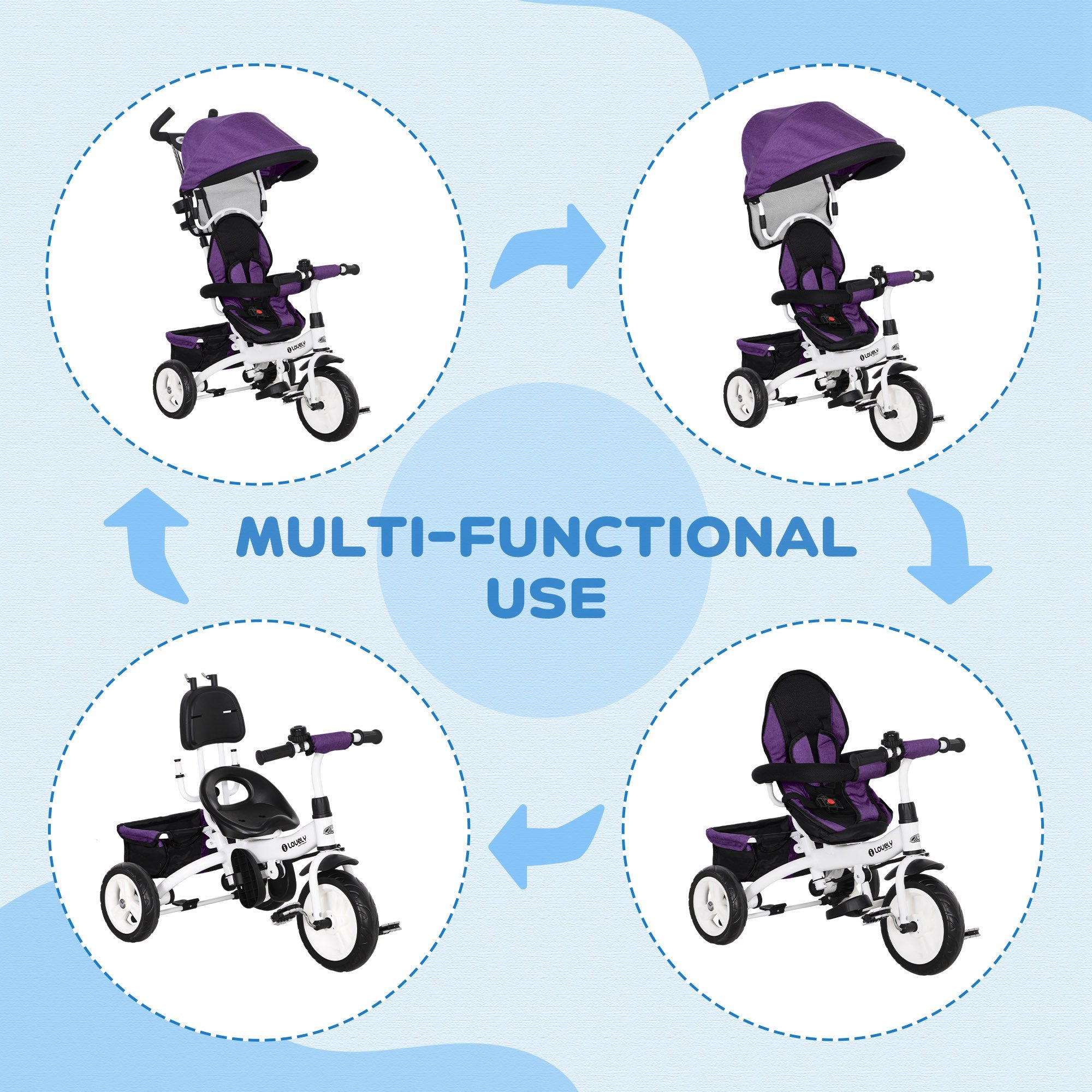 4 in 1 Toddler Tricycle Stroller with Basket, Canopy, 5-point Safety Harness, for 12-60 Months, Purple Tricycles for Kids   at Gallery Canada