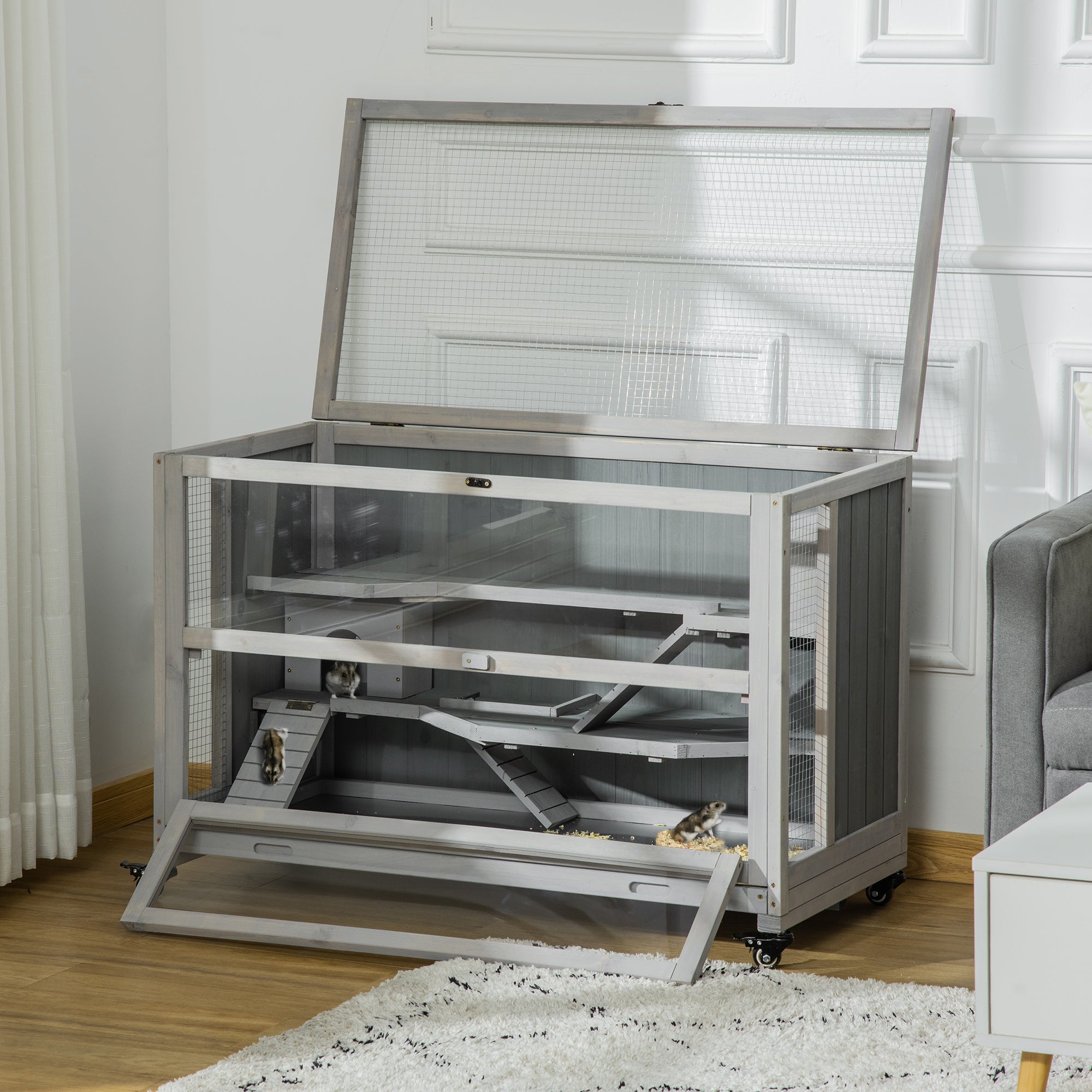3 Tier Wooden Hamster Cage with Wheels for Dwarf Hamster, Light Grey Hamster Cages at Gallery Canada