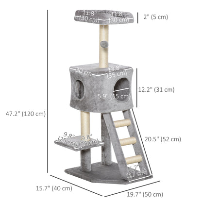 47" Tall Cat Tree Tower with Condo, Ladder, Scratching Posts and Hanging Ball, Light Grey Cat Towers Multi Colour  at Gallery Canada