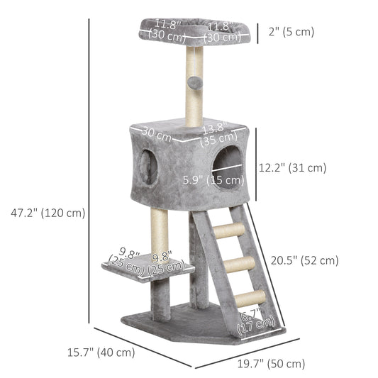 47" Tall Cat Tree Tower with Condo, Ladder, Scratching Posts and Hanging Ball, Light Grey Cat Towers   at Gallery Canada