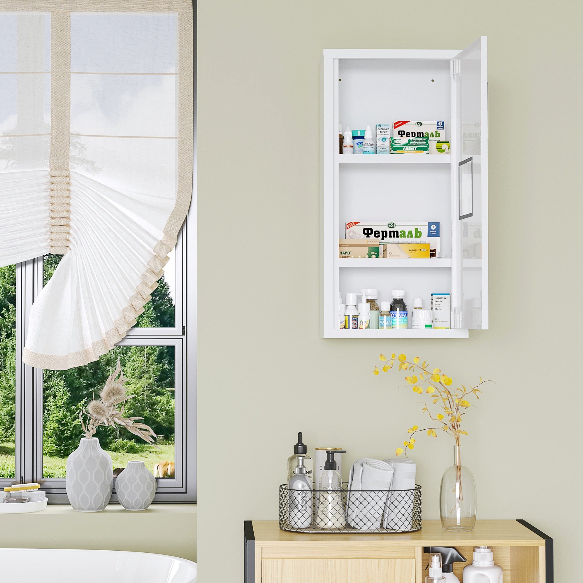 Wall Mount Medicine Cabinet Bathroom Cabinet with 2 Shelves, Steel Frame and Magnetic Door, White Mirror Medicine Cabinets at Gallery Canada