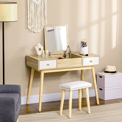 Flip Top Mirror Vanity Set with Cushioned Stool, 2 Drawers, Storage Grids, Natural Dressing & Vanity Tables   at Gallery Canada