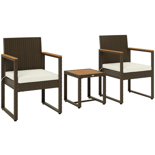 3 Pieces Wicker Patio Furniture Set, Rattan Bistro Set w/ Acacia Wood Table &; Removable Cushions, White