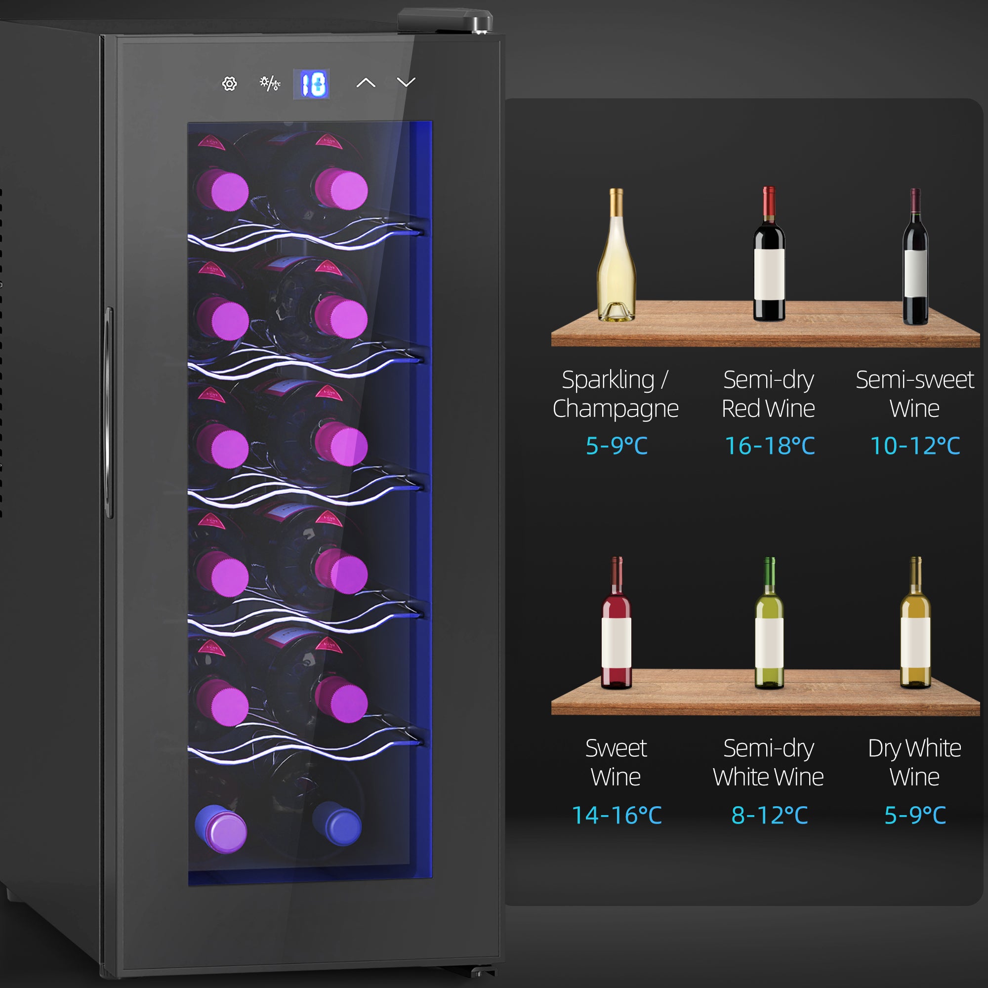 Wine Fridge, 12 Bottle, Under Counter Drinks Beer Wine Cooler with Glass Door, LED Light, Temperature Control Small Kitchen Appliances at Gallery Canada