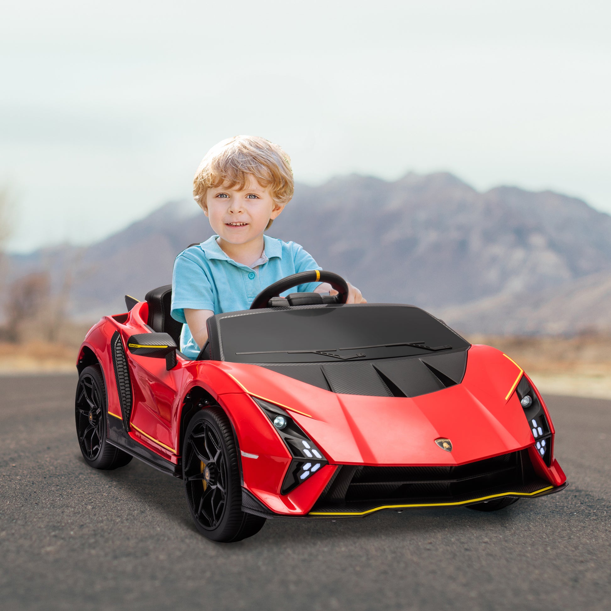 12V Lamborghini Autentica Licensed Kids Car with Remote Control, 4 Wheels Spring Suspension, Soft Start, Red Electric Toy Cars   at Gallery Canada