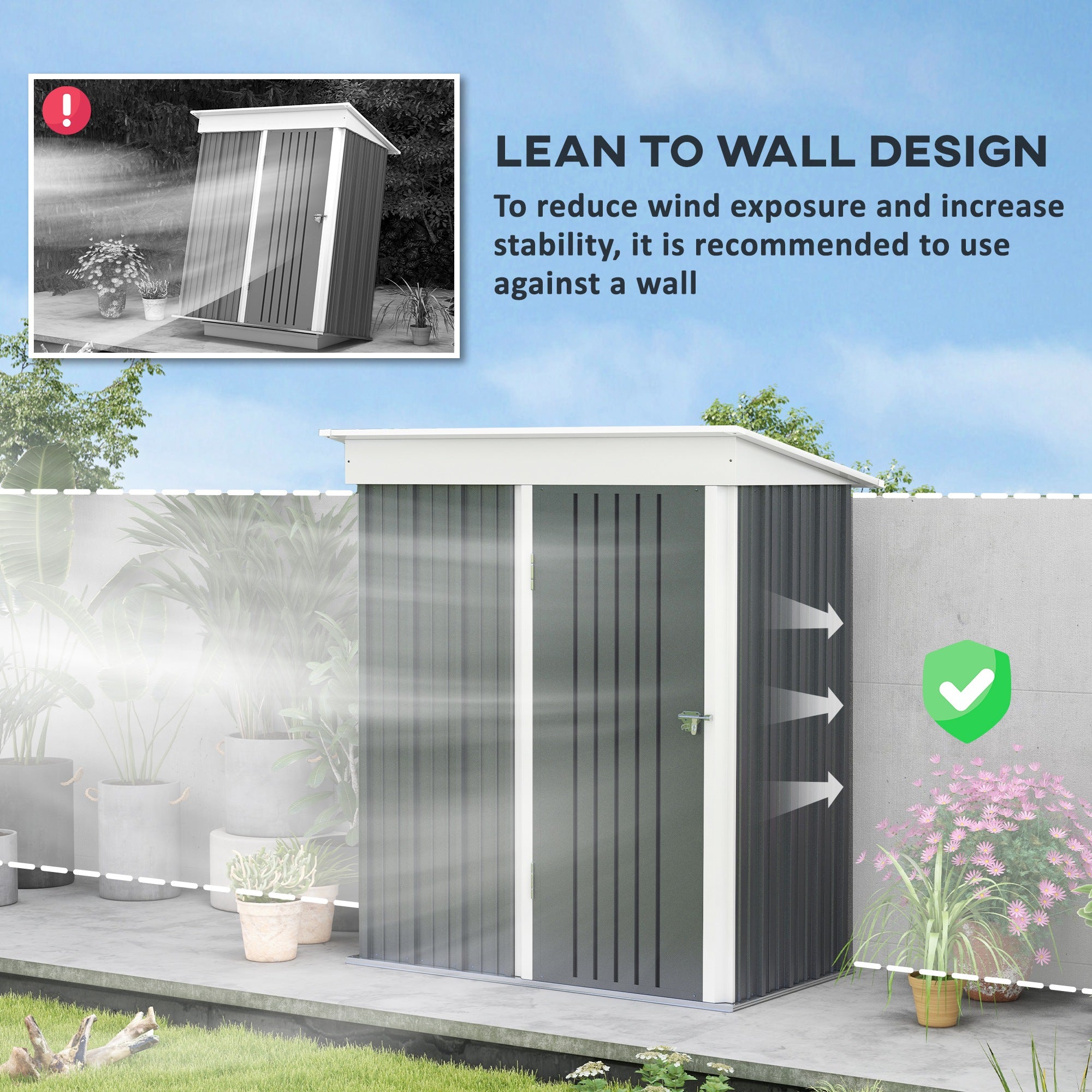 Outdoor Storage Shed, Steel Lean-to Shed with Adjustable Shelf, Lock, Gloves, 5'x3'x6', Dark Grey Sheds at Gallery Canada