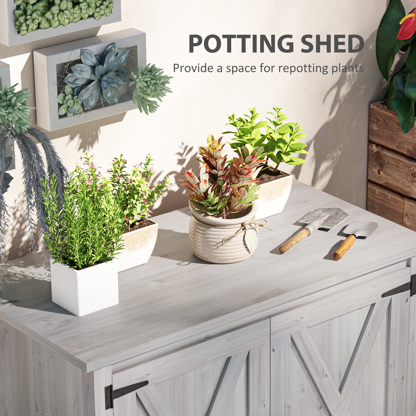 Wooden Outdoor Storage Cabinet, Garden Shed Potting Shed with Shelf and Double Doors, Light Grey Sheds at Gallery Canada