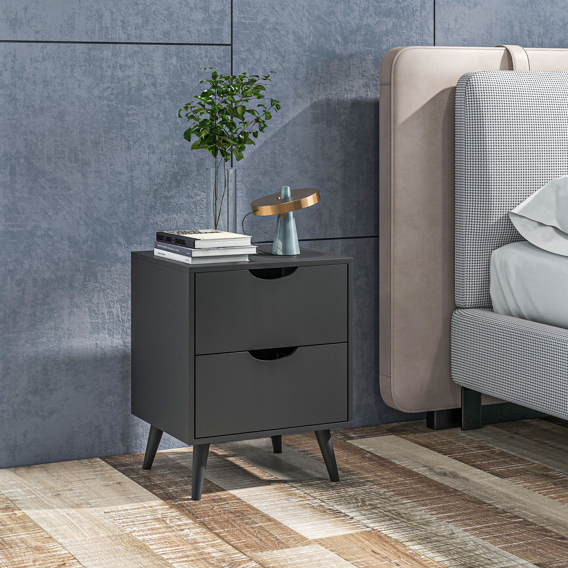 Modern Bedside Table, Nightstand with 2 Drawers and Pine Wood Legs for Bedroom, Living Room, Black Bedside Tables   at Gallery Canada