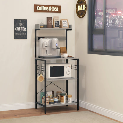 Kitchen Baker's Rack with Power Outlet, Coffee Bar Station with Adjustable Shelves and Hooks, Distressed Grey Bar Cabinets   at Gallery Canada