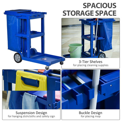 Commercial Janitorial Cart with 3 Tier Shelves Professional Cleaning Trolley with Rubbish Bag and Mop Mount for Hotel, Restaurant, Office, Blue Household Supplies   at Gallery Canada