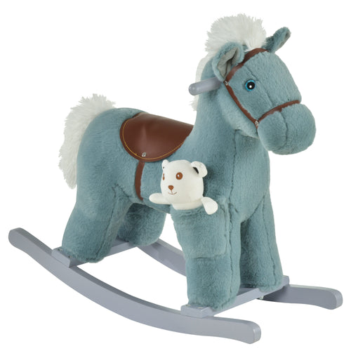 Kids Plush Ride-On Rocking Horse with Bear Toy, Children Chair with Soft Plush Toy &; Fun Realistic Sounds, Blue