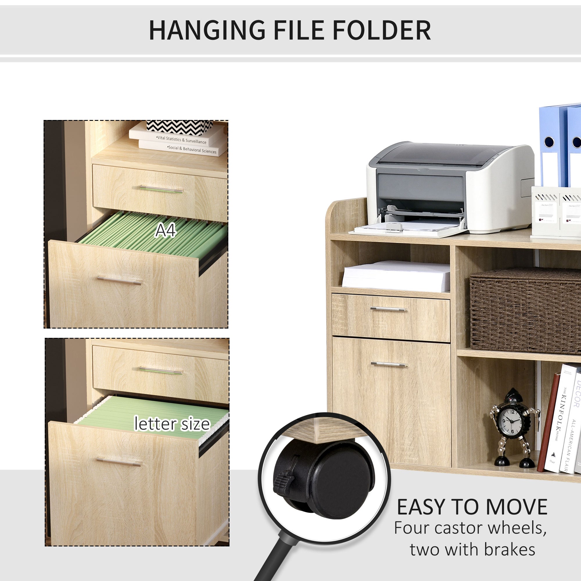 Lateral Filing Cabinet, Printer Stand with Wheels, Mobile File Cabinet with Drawer for Letter or A4 File, Home Office, Oak Office Cabinets & Cupboards at Gallery Canada