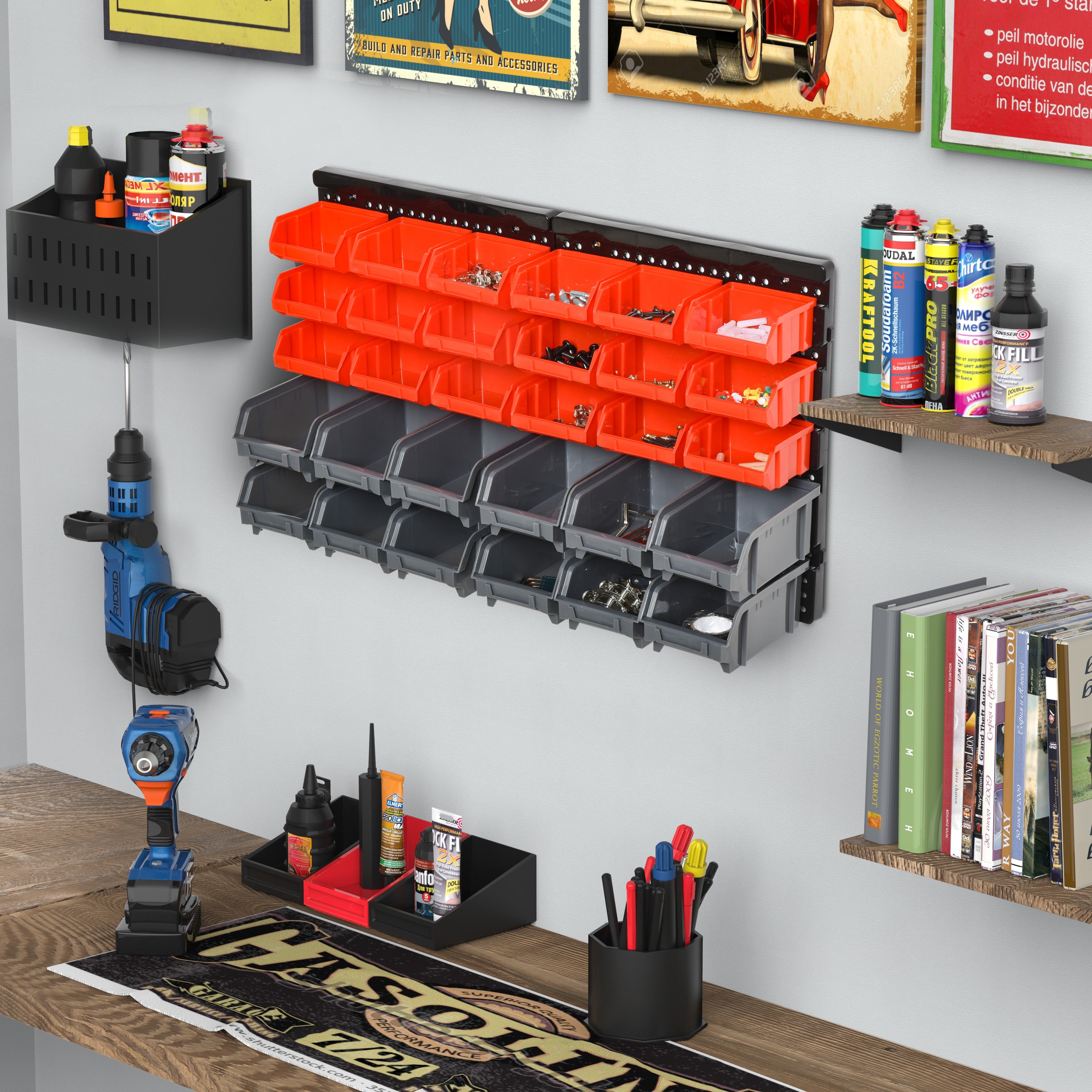 Wall Mounted Storage Bin Rack Tool Organizer with 30 Bins, Pegboard for Garage Workshops Red Tool Organizers   at Gallery Canada