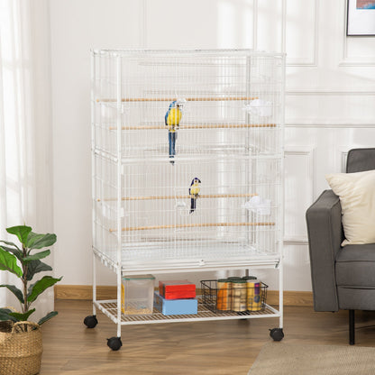 52" Large Rolling Steel Bird Cage Bird House with Rolling Stand, Storage Shelf, Wood Perch, Food Container, White Bird Cages   at Gallery Canada