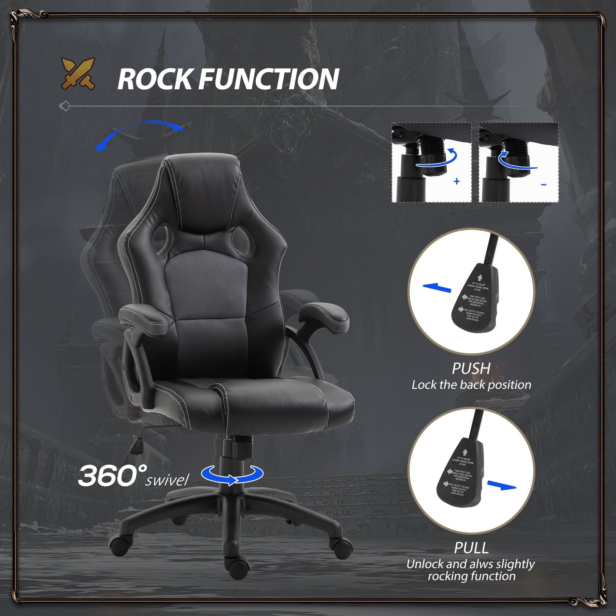 PU Leather Gaming Chair High Back Office Chair with Adjustable Height, Computer Gamer Chair, Grey Video Game Chairs   at Gallery Canada