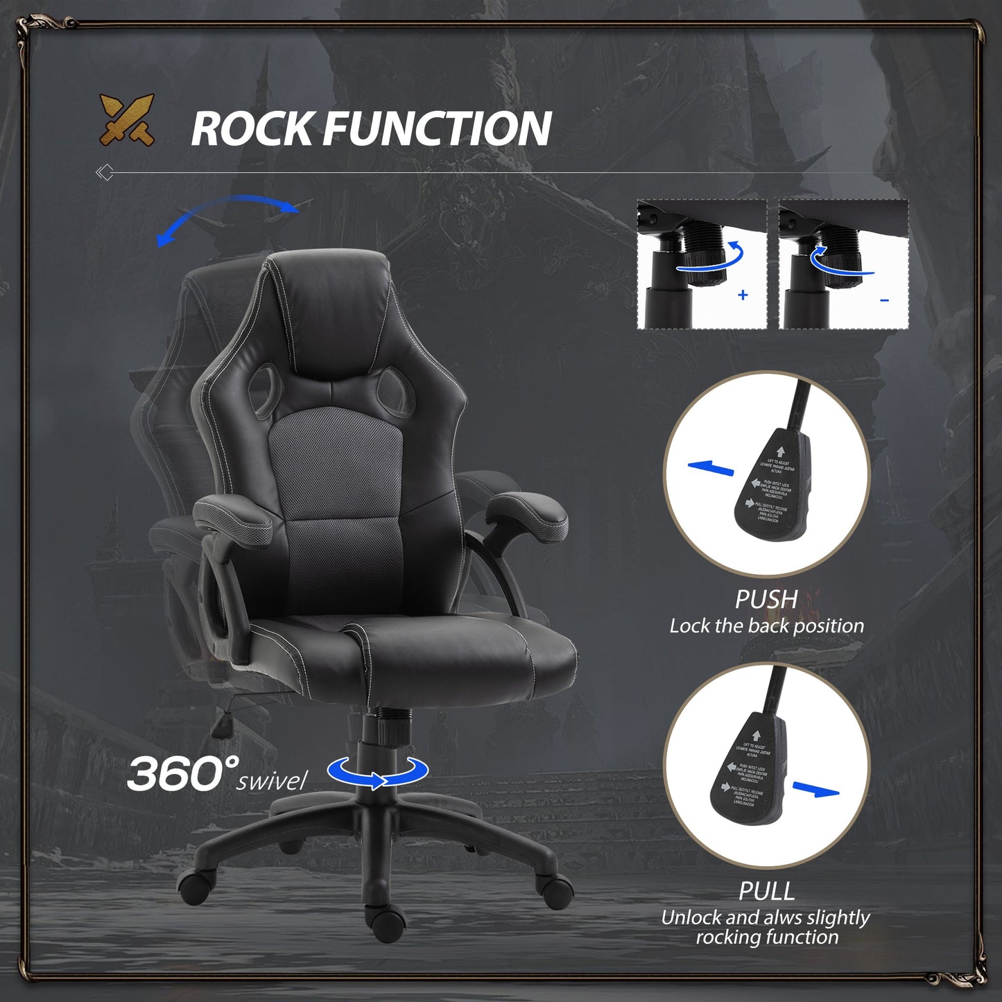 PU Leather Gaming Chair High Back Office Chair with Adjustable Height, Computer Gamer Chair, Grey Video Game Chairs   at Gallery Canada