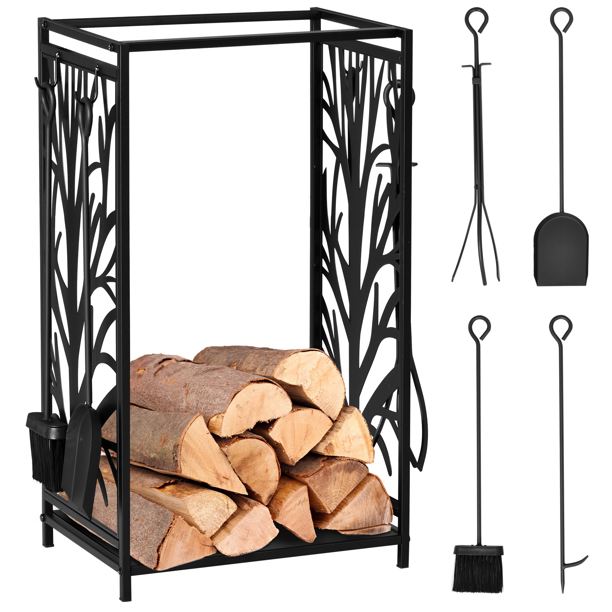 Firewood Rack with 4 Tools, Log Holder for Fireplace, Outdoor Indoor Wood Storage Stacker, 18.1
