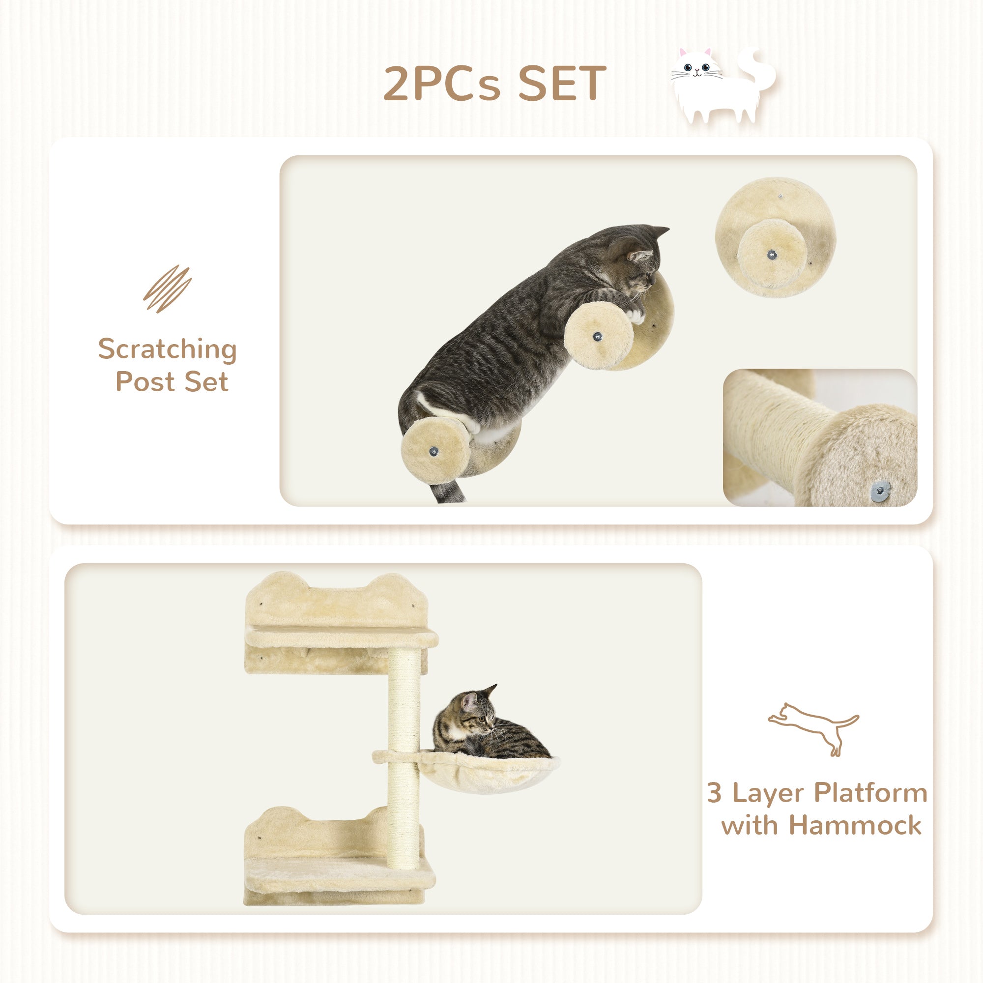 4Pcs Cat Wall Shelf with Scratching Posts, Hammock, Steps, Platforms, Cat Shelves for Relaxing, Sleeping, Jumping, Cat Wall Climber for Indoor Cats, Beige Cat Climbing Wall at Gallery Canada
