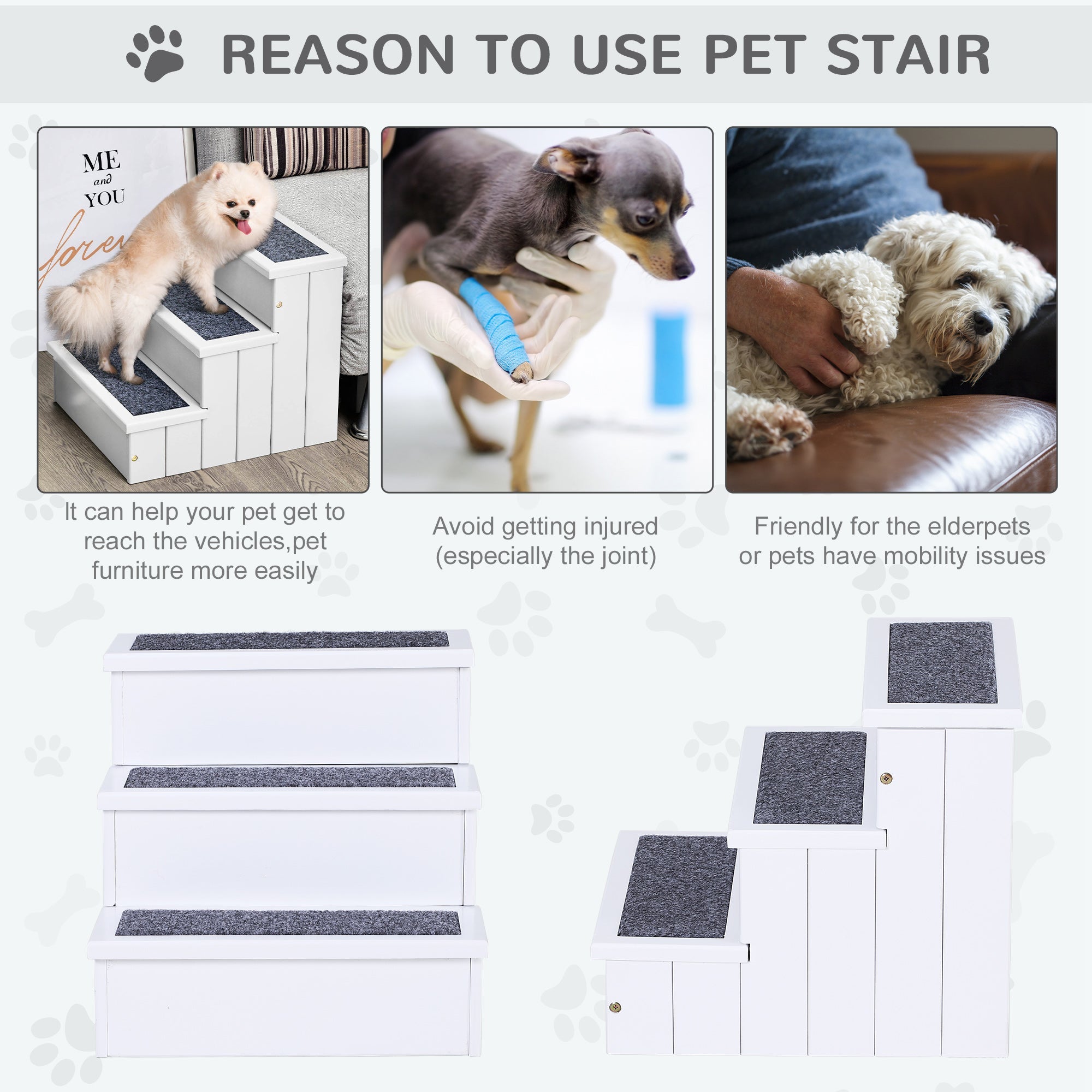 Pet Steps 3-Step Dog Stairs for Small Dogs Cats and Wooden Ramp with Storage Box Carpet Tread, White Dog Stairs   at Gallery Canada