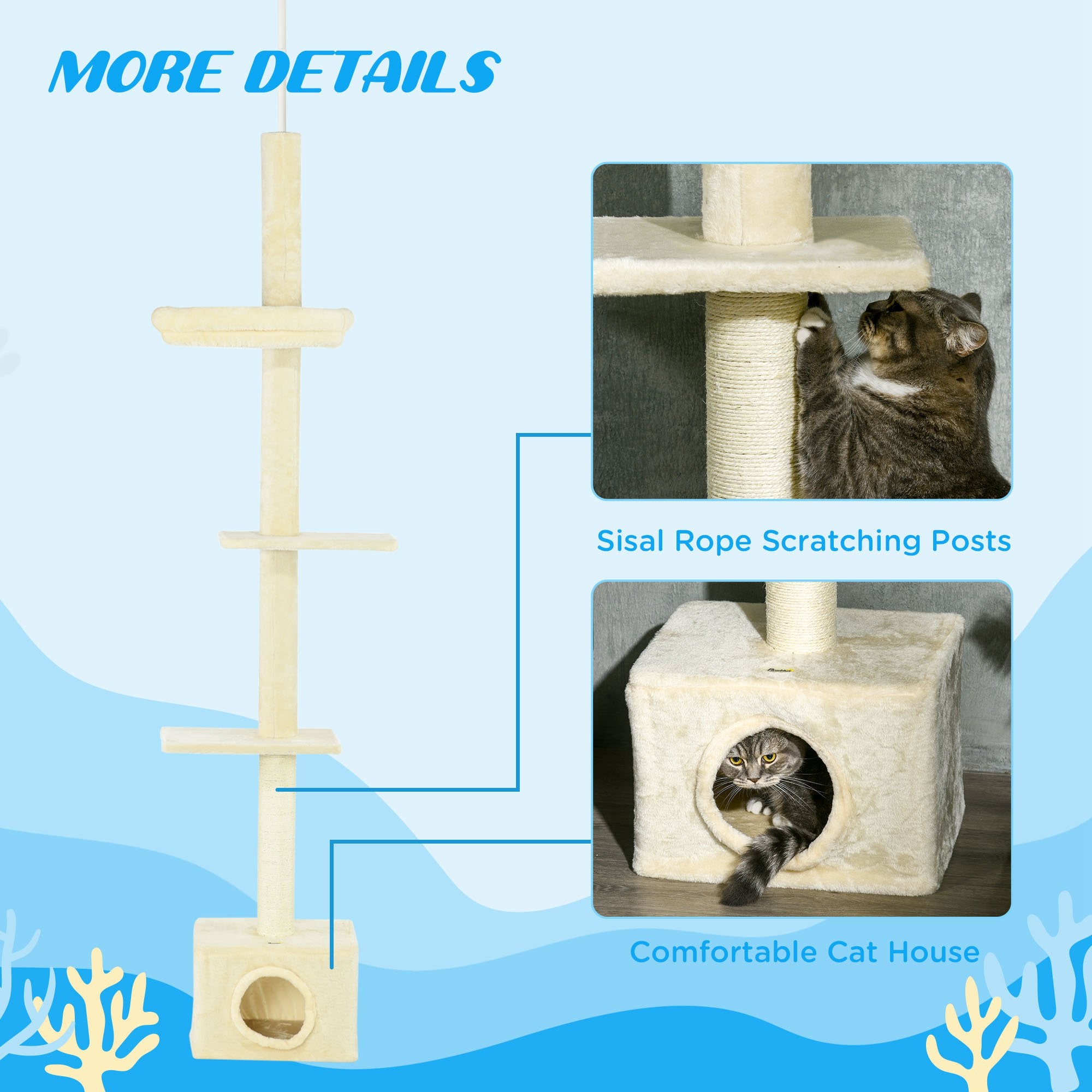 Floor to Ceiling Cat Tree with Scratching Post for Indoor Cats, Adjustable Height Cat Tower (91-102 Inches) with House, Bed, Beige Floor to Ceiling Cat Trees at Gallery Canada