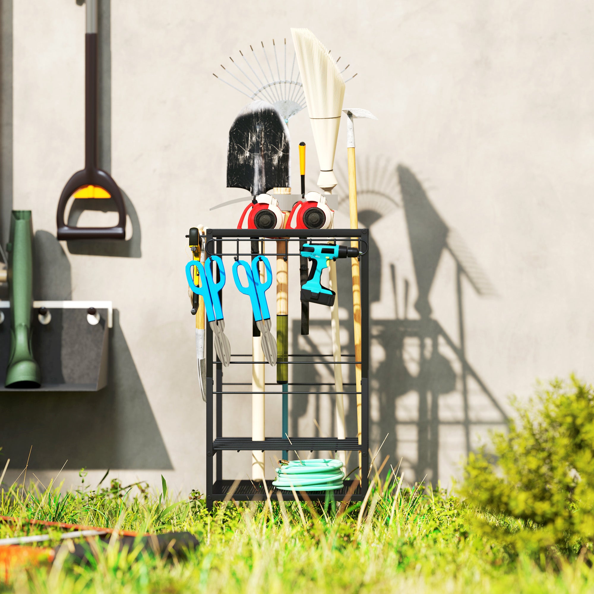 3-Tier Yard Tool Tower Rack, Garden Tool Organizer with 14 Hooks for Long-Handled Rakes, Shovel, Broom, Black Garden Accessories at Gallery Canada