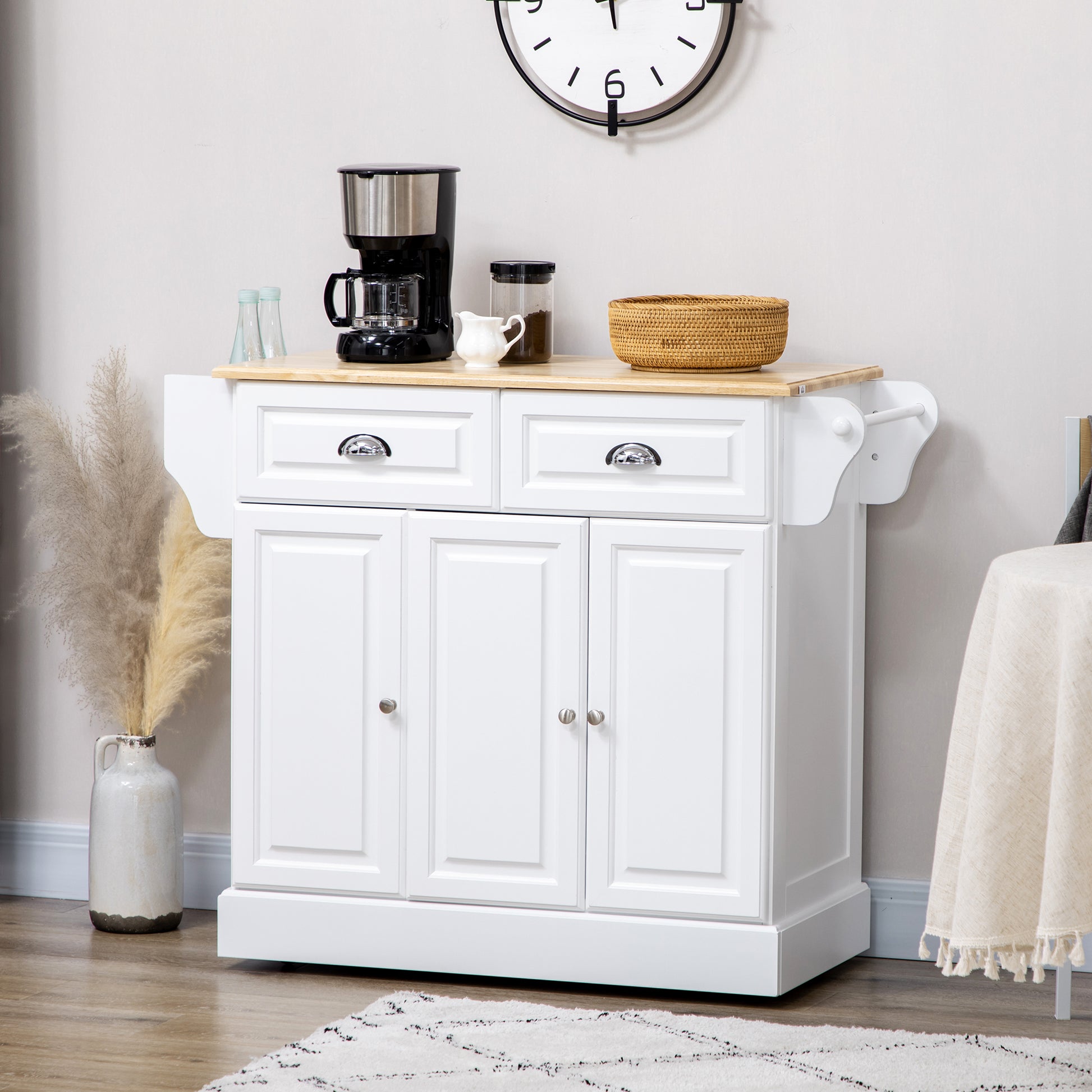 Kitchen Island with Storage Rolling Kitchen Serving Cart with Rubber Wood Top Towel Rack Storage Drawer Cabinet White Kitchen Islands & Kitchen Carts   at Gallery Canada