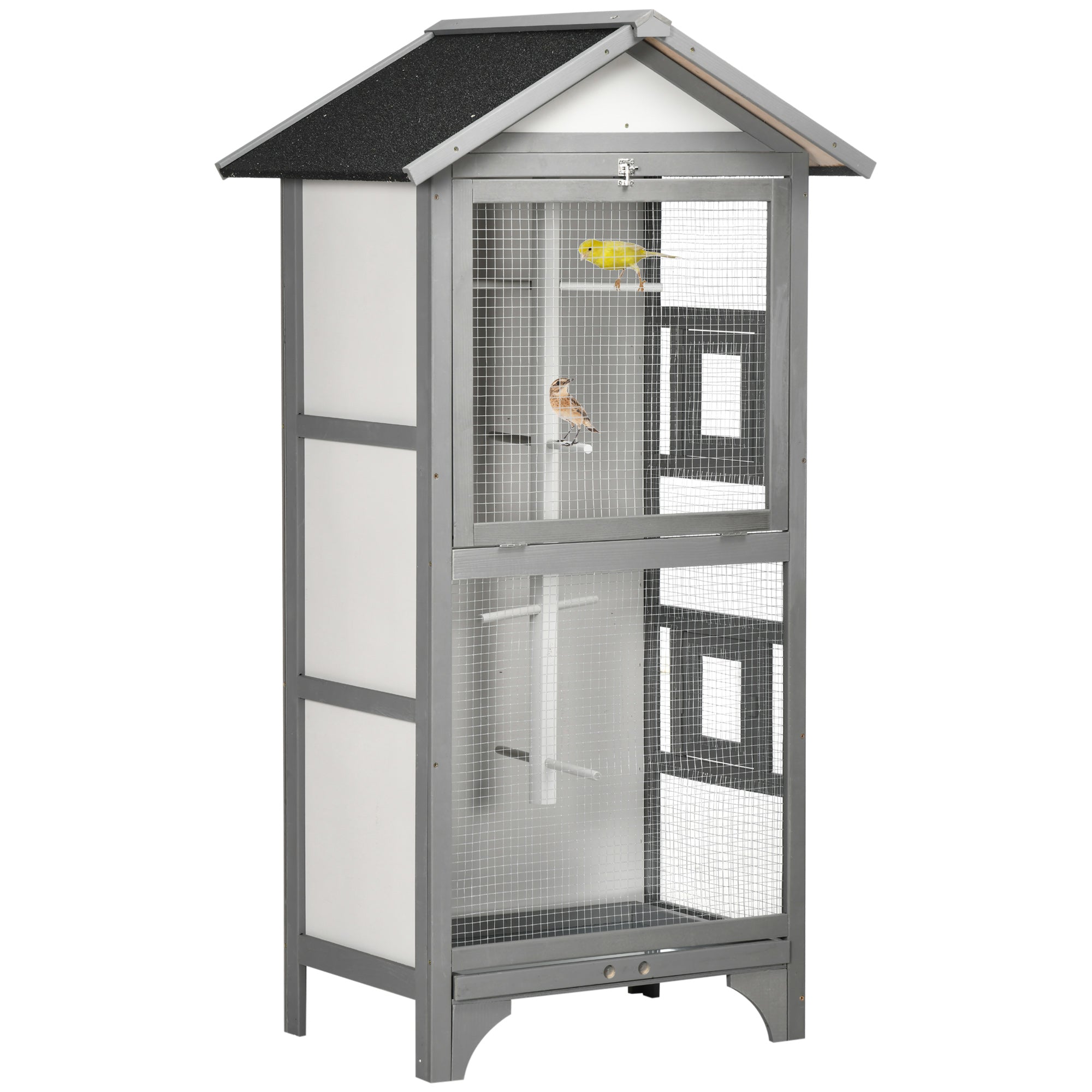 Wooden Bird Aviary Parrot Cage Pet Furniture with Removable Bottom Tray, 2 Doors, Asphalt Roof, 4 Perches, Light Grey Bird Cages Light Grey at Gallery Canada