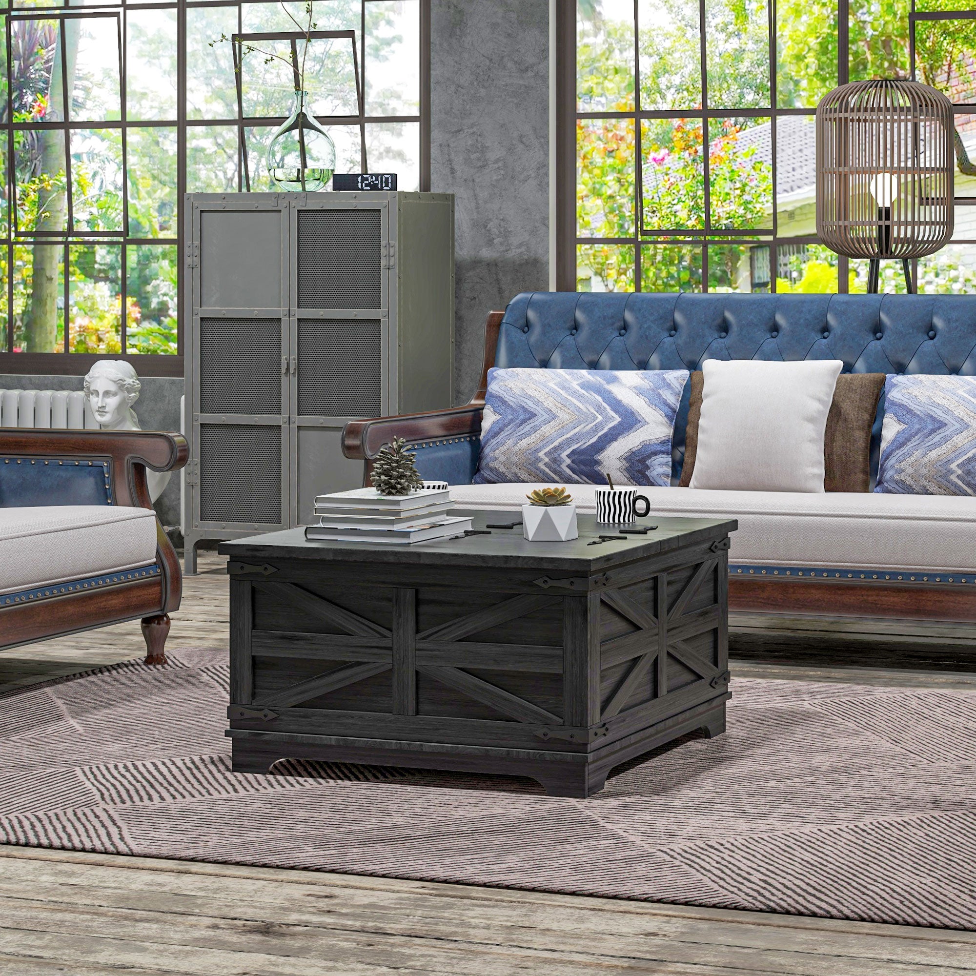 Farmhouse Coffee Table, Square Center Table with Flip-top Lids, Hidden Storage Compartment, Black Coffee Tables Black  at Gallery Canada