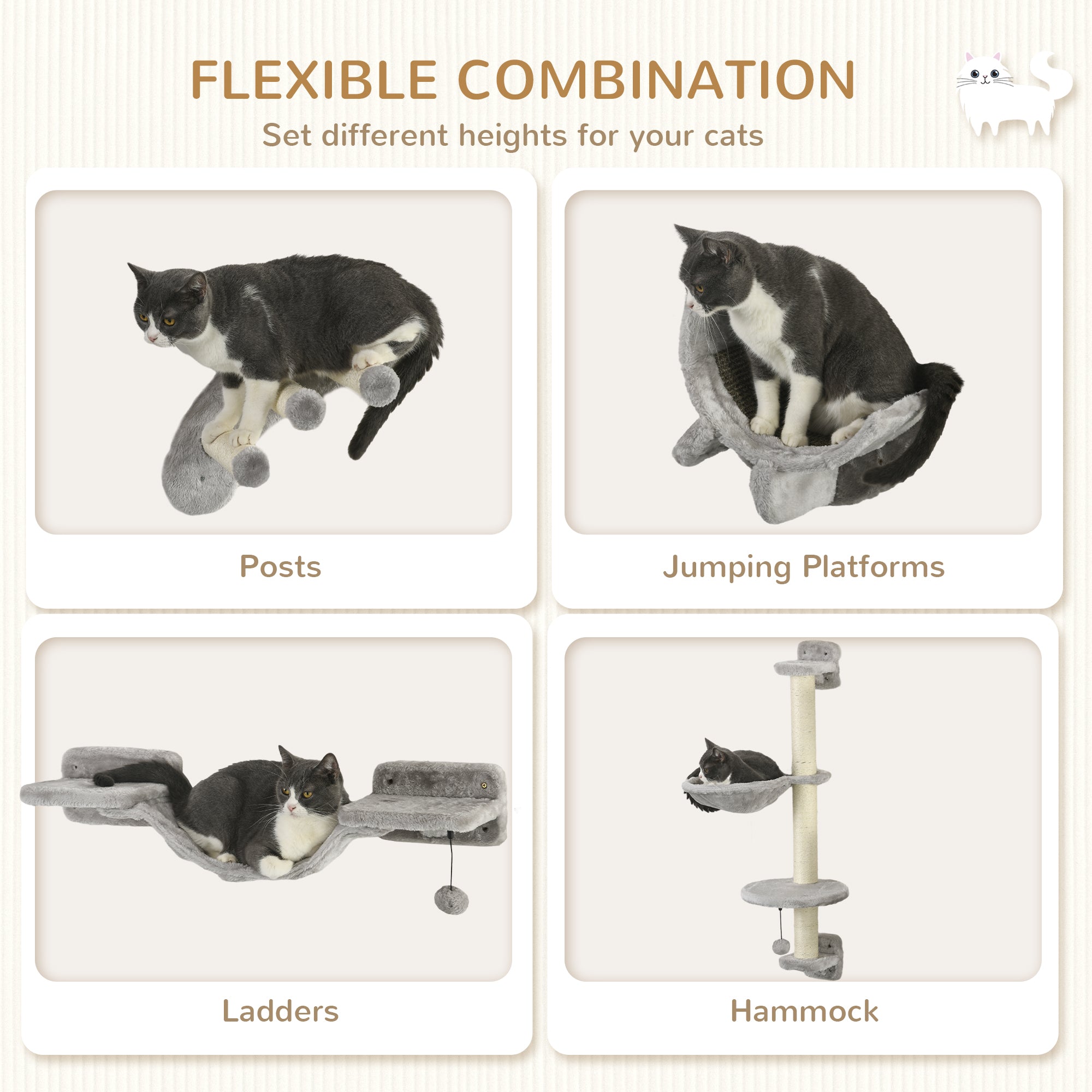 4Pcs Cat Wall Shelf with Scratching Post, Cat Wall Shelves for Relaxing, Climbing, Cat Wall With Soft Ladder, Hammock, Play Balls, Grey Cat Climbing Wall at Gallery Canada