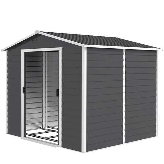 8' x 7' Outdoor Storage Shed, Galvanized Steel Metal Garden Shed w/ Sliding Lockable Doors, Floor Frame, Vents, Waterproof Tool Shed for Backyard, Lawn, Patio, Dark Grey Sheds at Gallery Canada