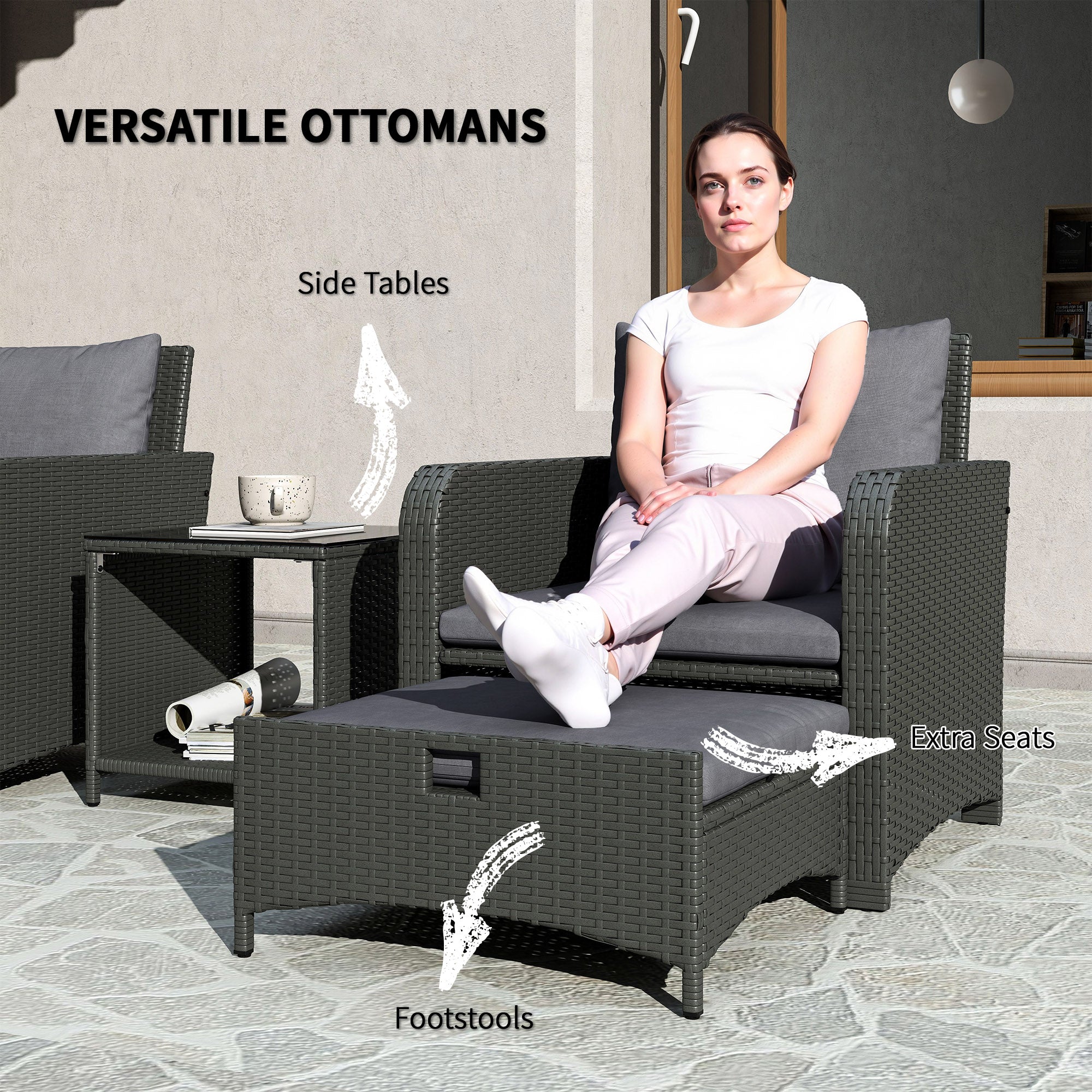 5 Piece Rattan Balcony Furniture Set, Wicker Outdoor Furniture Set with 2-Tier Coffee Table, Ottomans, Grey Patio Furniture Sets at Gallery Canada