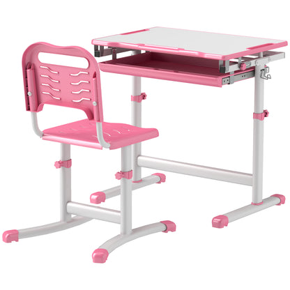 Height Adjustable Study Table and Chair Set with Drawer, Pen Slot, Tiltable Desktop, Hook, Pink Kids Desk Sets   at Gallery Canada