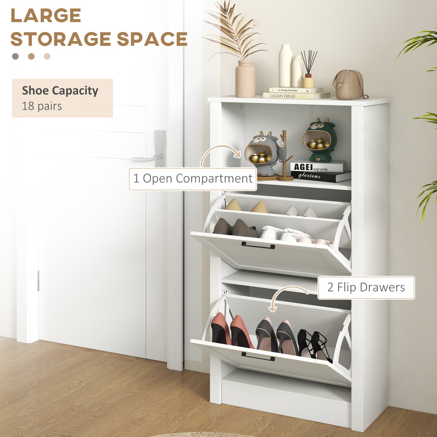 Narrow Shoe Cabinet with Open Shelf and 2 Flip Drawers for 10 Pairs of Shoes, for Entryway, Hallway, White Shoe Storage Cabinets & Racks   at Gallery Canada