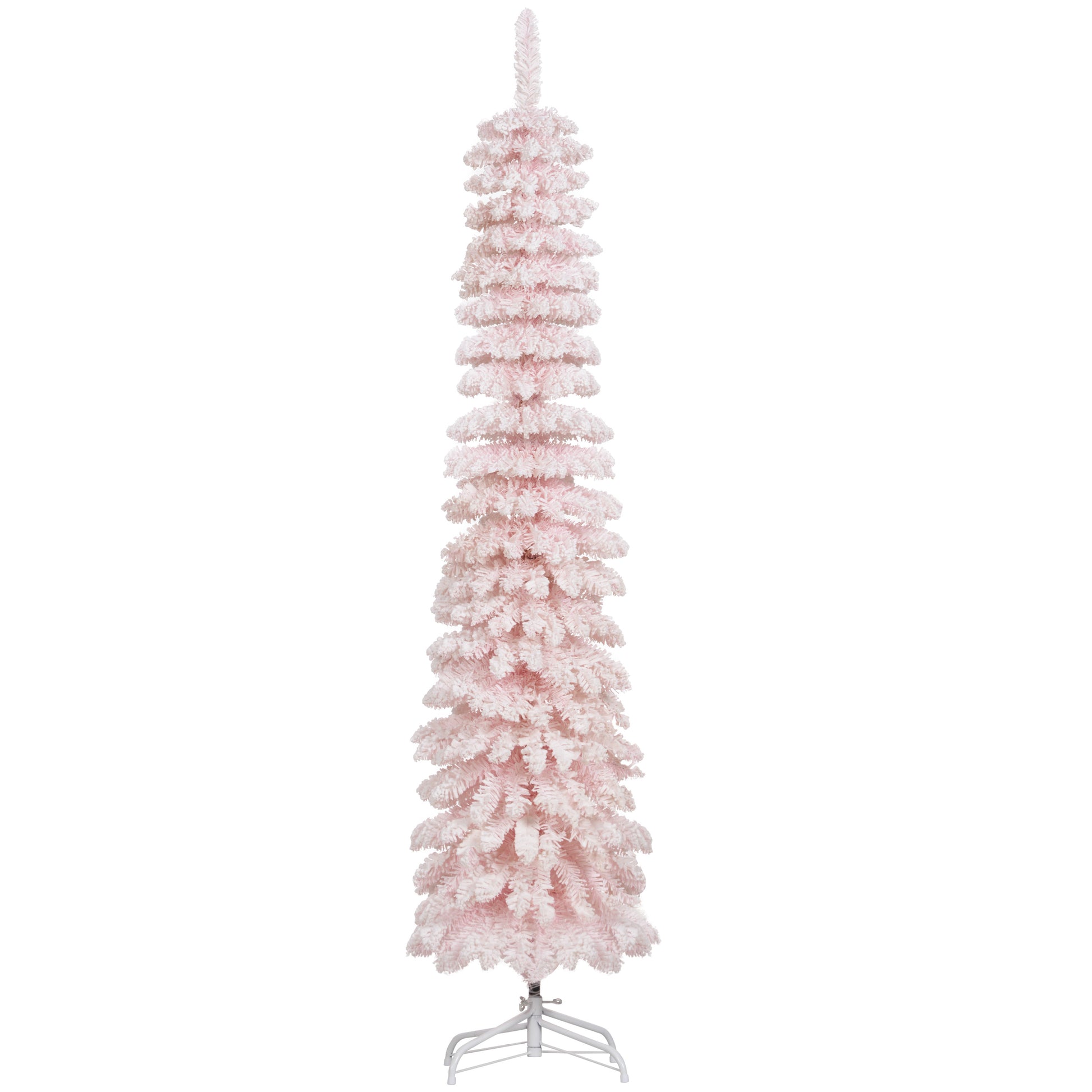 6ft Snow-Flocked Artificial Christmas Tree, Slim Pencil Xmas Tree with 395 Realistic Branches, Metal Base, Pink Pencil Christmas Trees at Gallery Canada