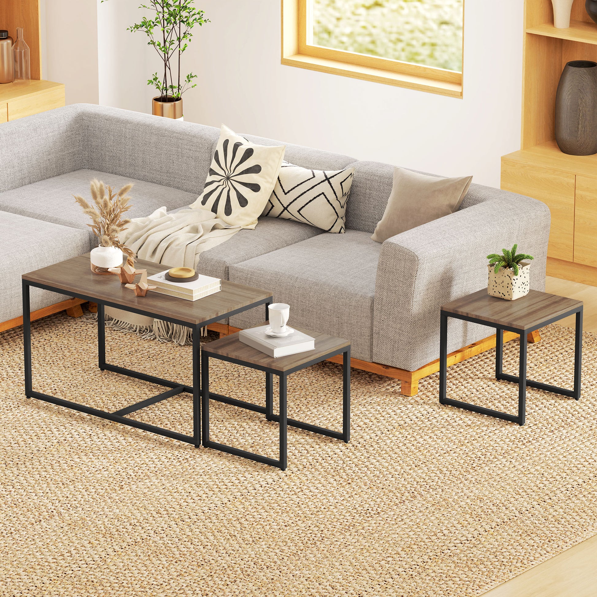 Nesting Coffee Table Set of 3, Modern End Tables with Black Metal Frame for Living Room Home Furniture, Brown Coffee Tables   at Gallery Canada