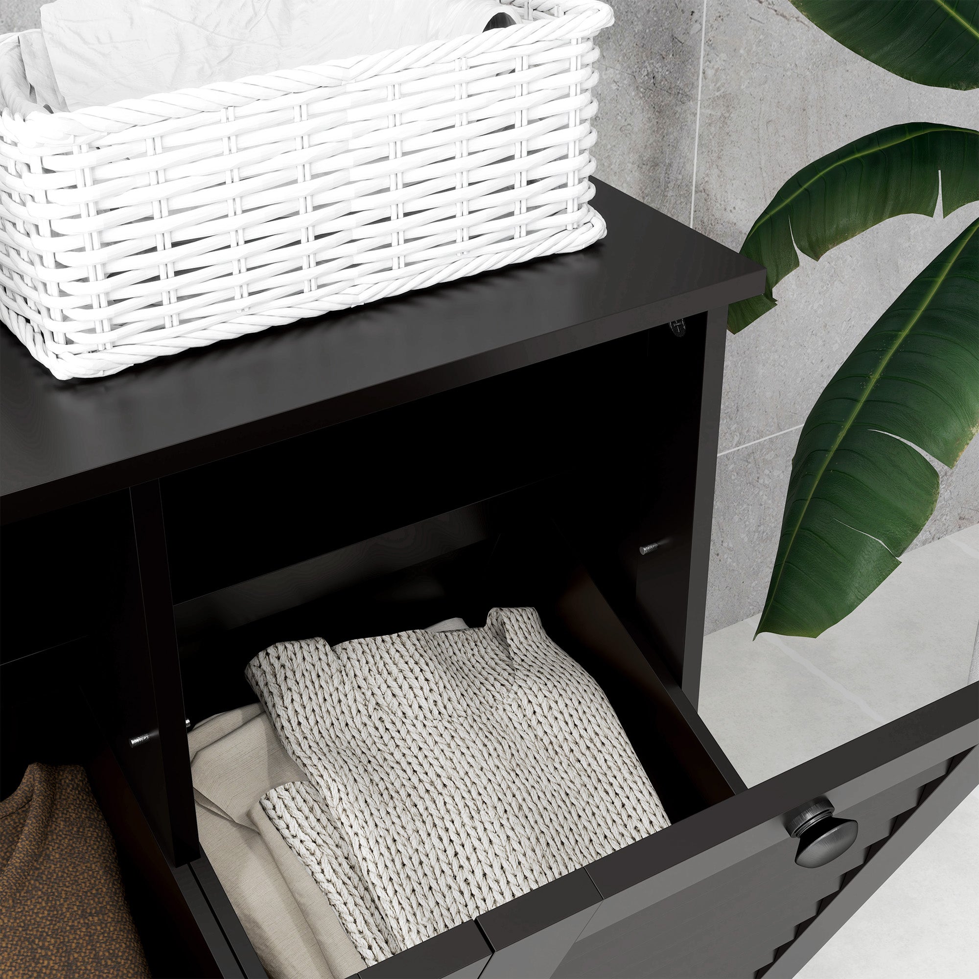 Tilt Out Laundry Cabinet, Laundry Basket Cabinet with 2 Baskets and 2 Louvered Doors, Black Bathroom Cabinets at Gallery Canada