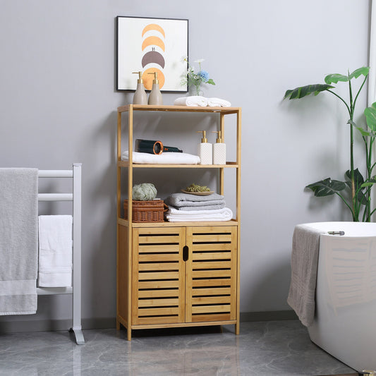 Bathroom Cabinet with 2 Open Shelves and Double-doors Cupboard, Bamboo Freestanding Linen Tower with Slatted Door, Natural - Gallery Canada