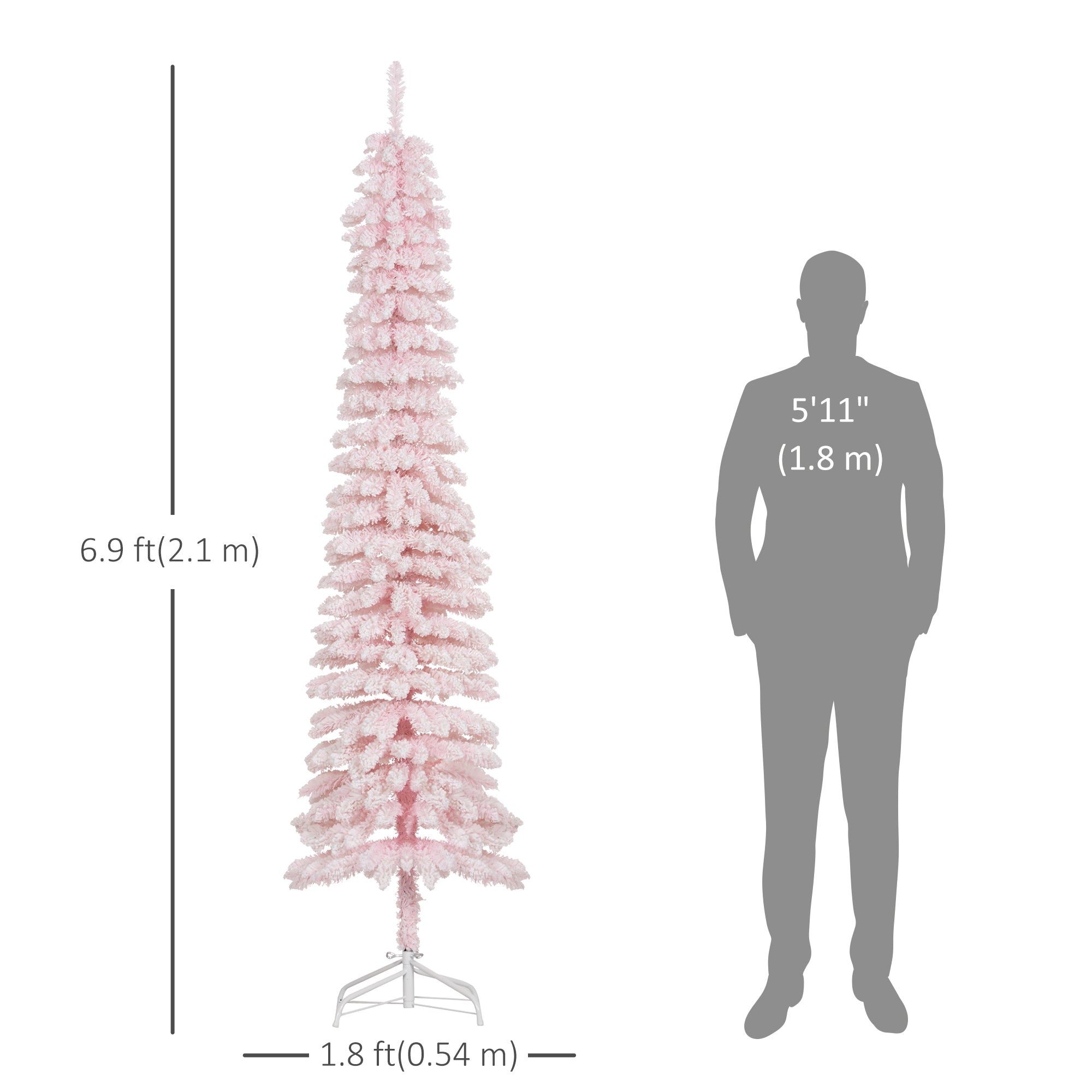 7ft Snow-Flocked Artificial Christmas Tree, Slim Pencil Xmas Tree with 490 Realistic Branches, Metal Base, Pink Flocked Christmas Trees at Gallery Canada