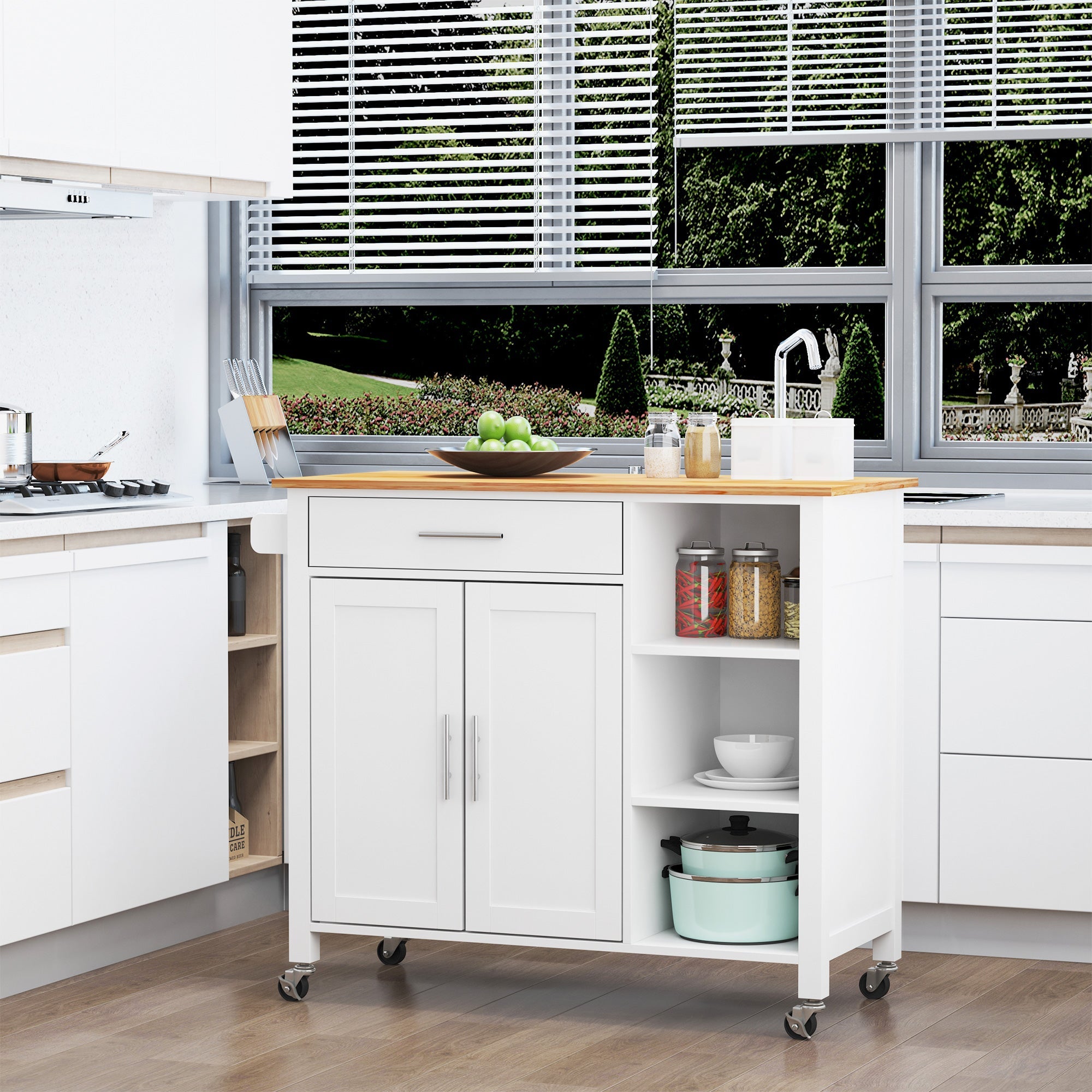 Wooden Rolling Kitchen Island on 360° Swivel Wheels Dining Cart with Drawer for Kitchen, White Kitchen Islands & Kitchen Carts   at Gallery Canada