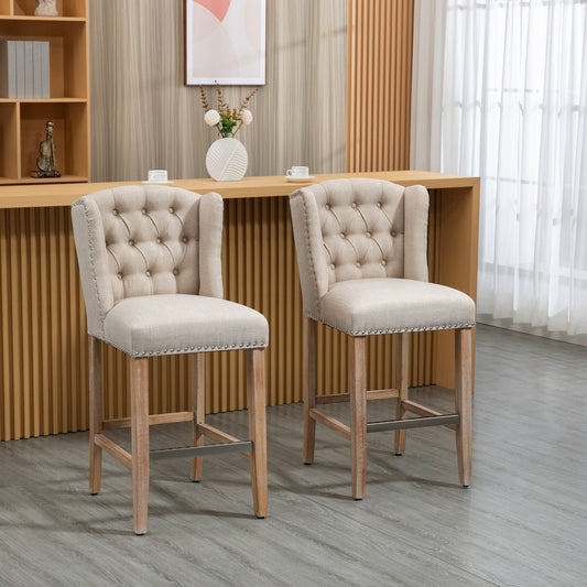 Bar Stools Set of 2, Upholstery Padded Chairs Tufted Nail Head Decoration with Stainless Steel Footrest, Wood Legs for Home Dining Use, Beige Bar Stools Beige  at Gallery Canada