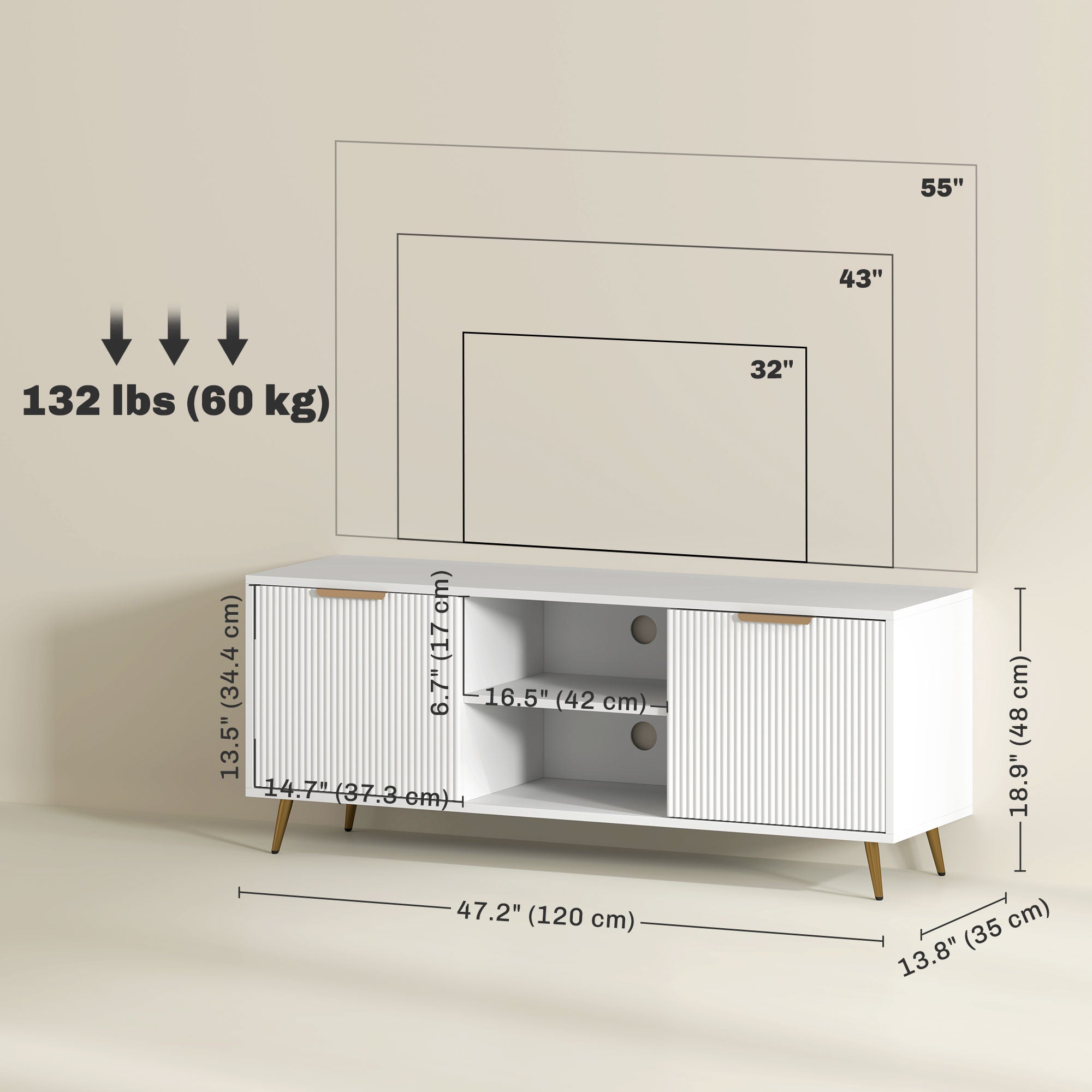 TV Stand with Storage for 55 Inch TV, Modern TV Cabinet with 2 Open Shelves and 2 Cabinets for Living Room, White TV Stands at Gallery Canada